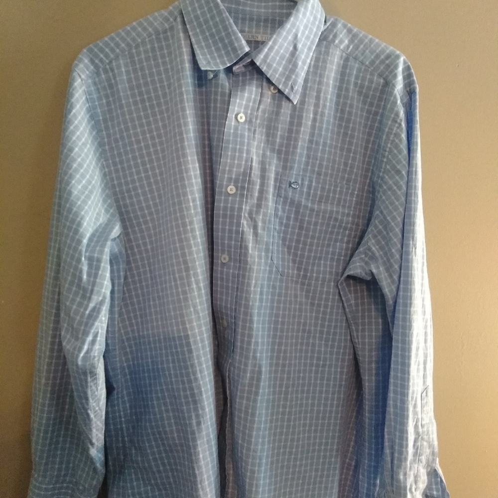 Blue and white plaid button on collar shirt